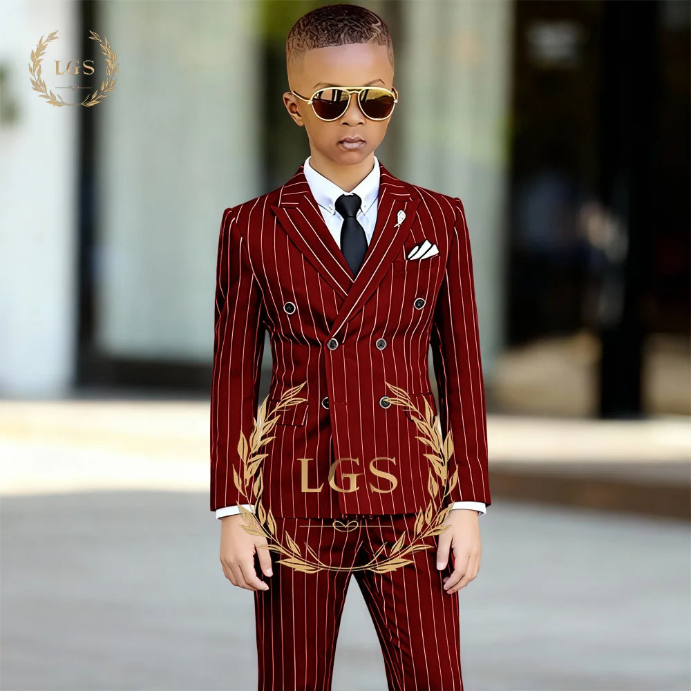 Elegant Boys' 2-Piece Suit: Double-Breasted Striped Blazer with Peak Lapel & Pants for Church, Graduation, Special Occasions