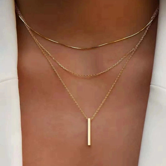Collier Pendentif Barre Métal Multicouche | Or Chaîne Clavicule | Port Quotidien | Bijou Femme