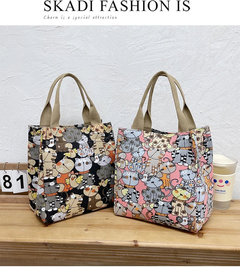 Fashionable Top-Handle Bag with Cute Cat Pattern, Portable Mommy Bag for Women