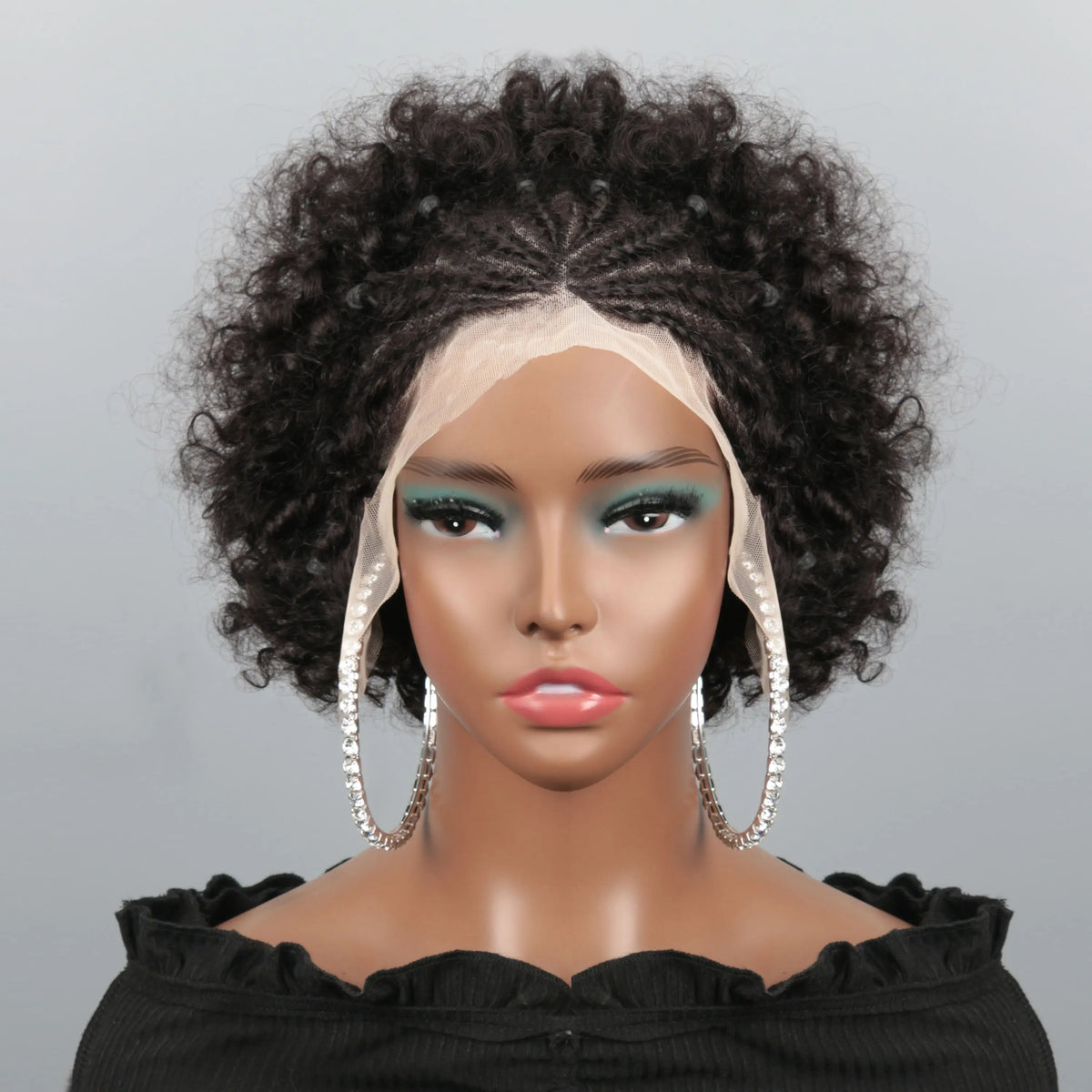 Perruque Afro Puff Tressée | 13x4 Lace Front | Kinky Curly | Pré-Tressée | Cheveux Humains | Femmes Noires