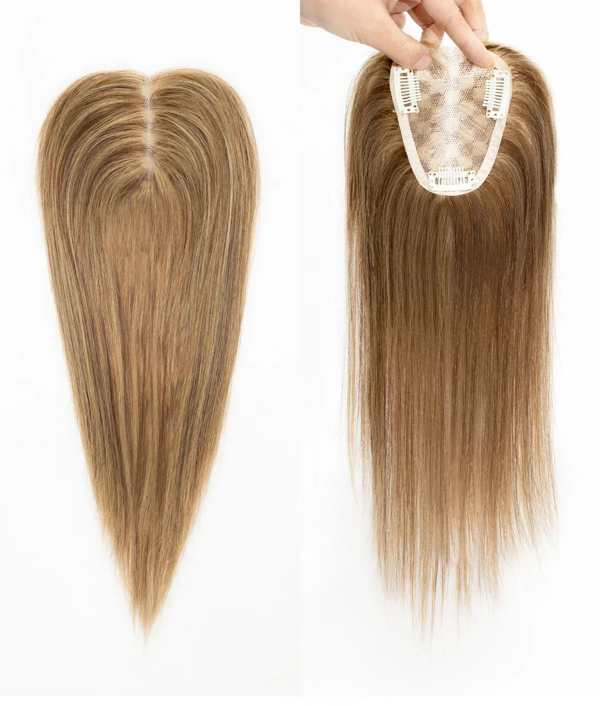 100% Human Hair Toppers Wigs with Bangs Silk Base Clip-in Hair Extensions for Women 16-inch Topper Hair