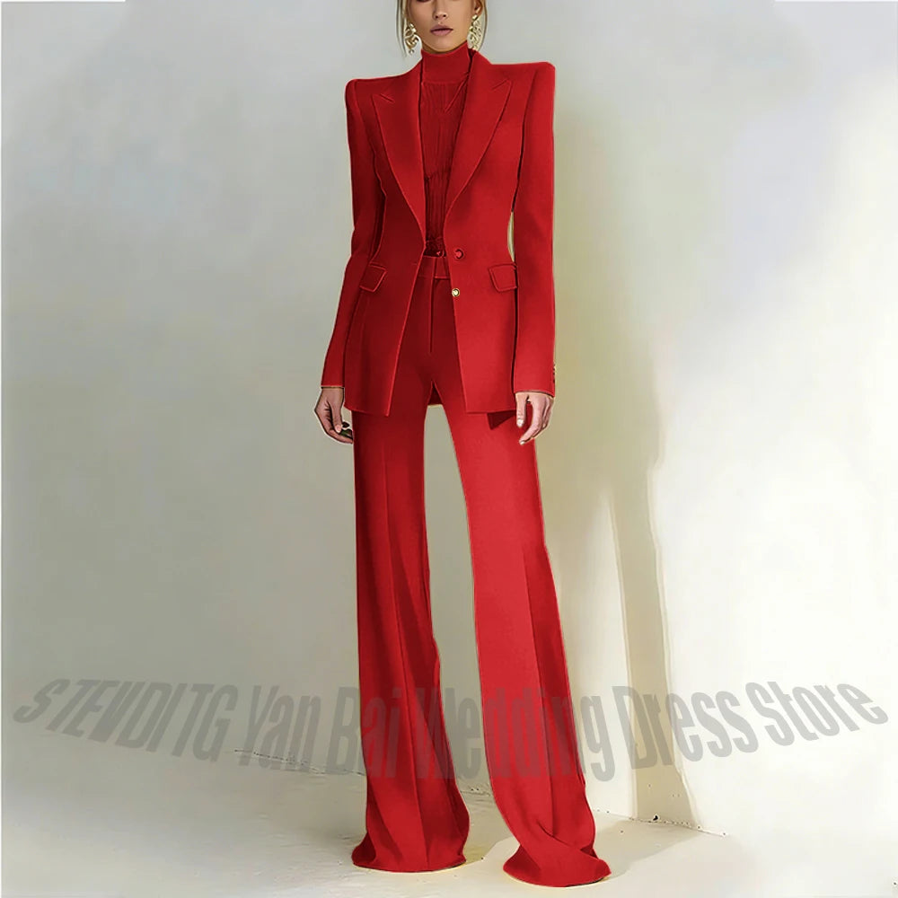 Women's Pant Suit 2 Piece Set Office Female Business Work Formal Jacket Trouser One Button Chic Yellow Peaked Lapel Elegant Suit
