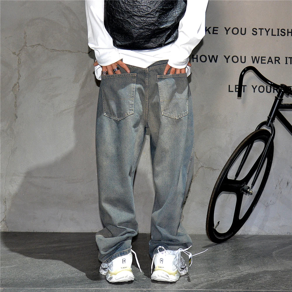 American Streetwear Baggy Jeans For Men's Clothing Vintage Distressed Gray Denim Pants Harajuku Casual Skateboard Pants Male