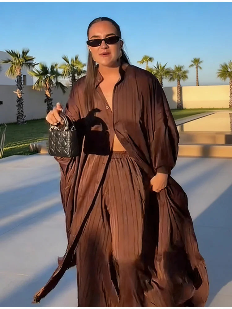 Beige Two-Piece Set Women Oversized Button-Down Shirt & High Waist Wide Leg Pants Y2K Summer Vacation Kaftan Outfit