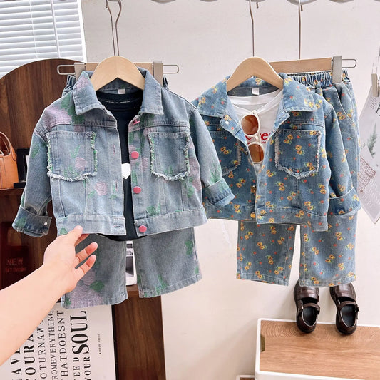Girls' Clothing Sets 2025 Spring and Autumn New Children's Clothing Cute Denim Jacket Cardigan + Straight Leg Jeans Kids Suit