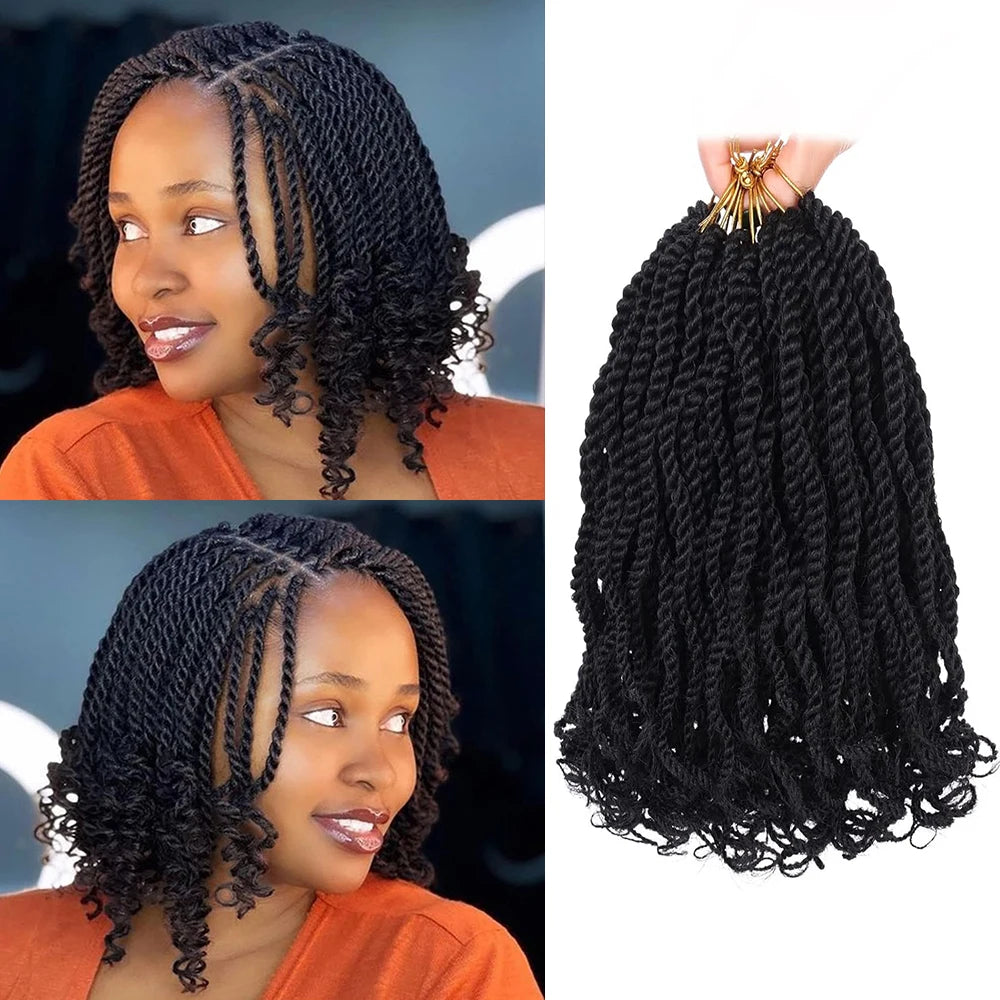 Tresses Senegalese Twist Ondulées Crochet | 8 Pouces | Bouts Bouclés | Noir Synthétique | Lot 8 Paquets