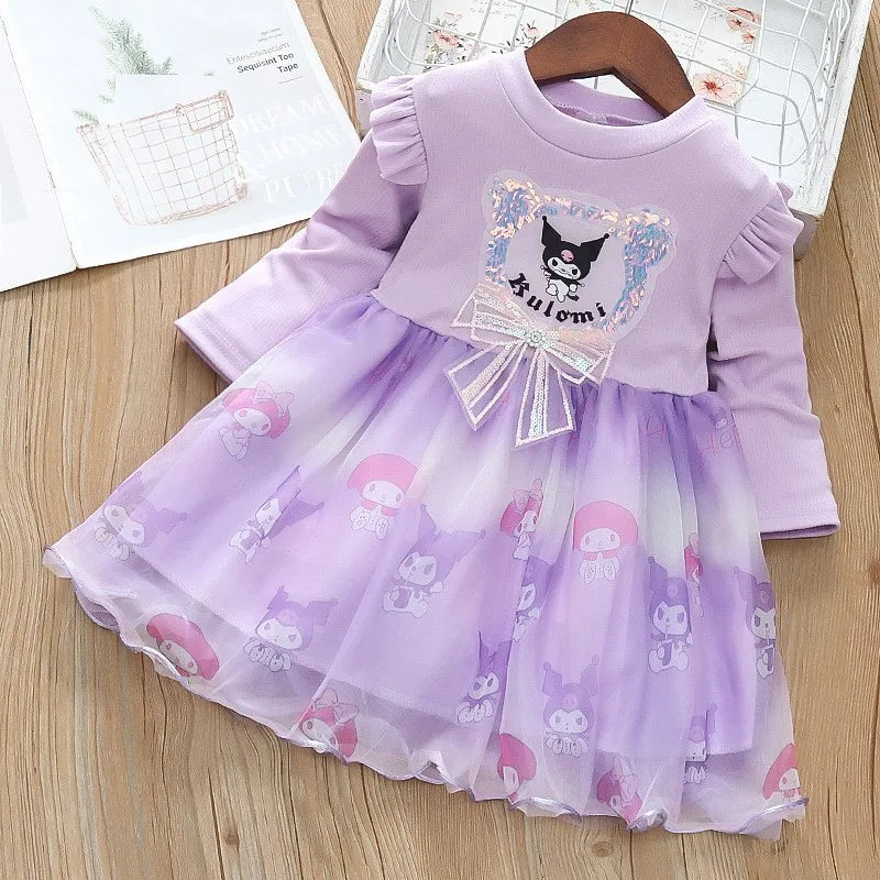 Fashion Girls Dress Spring Autumn Mesh Cartoon Kuromi Long Sleeve Princess Dresses for 2-6 Years Kids Birthday Party Costume