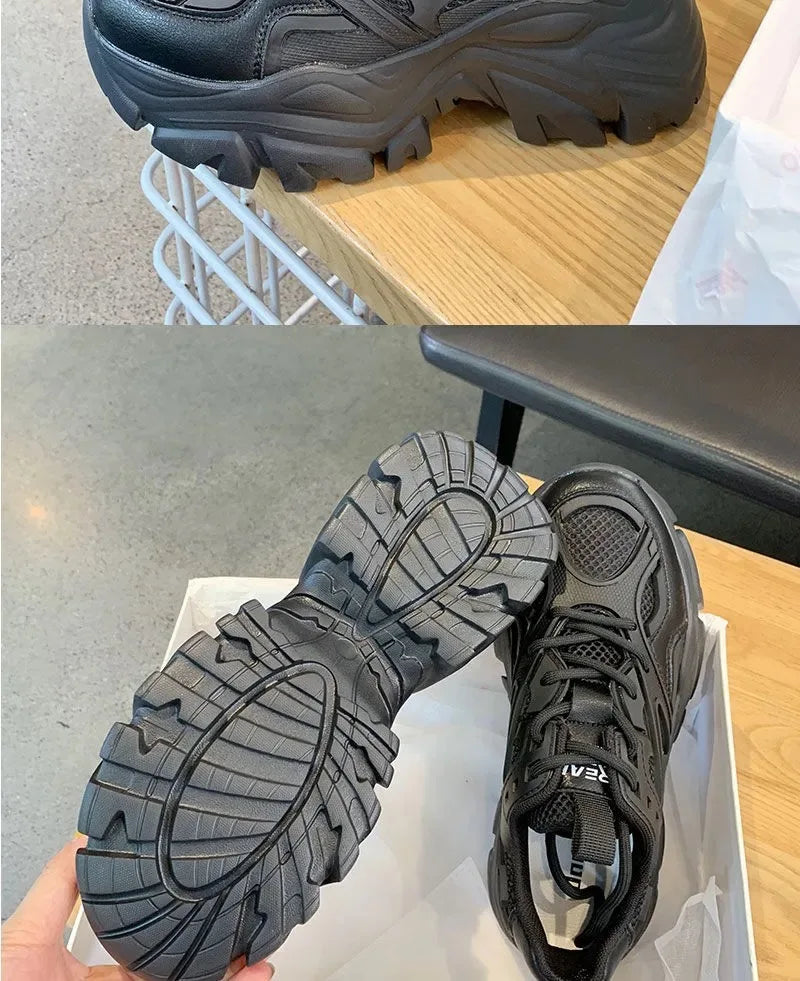 2024 New Summer Black Chunky Casual Sneakers Women New Fashion Platform Sport Shoes Mesh Leather Platform Shoes