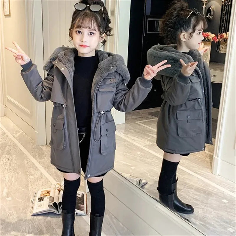 Thick Girls' Jackets Plush Velvet Fur Collar Kids' Coats Children's Winter Warm Hooded Outerwear Teenager Fashion Padded Parka