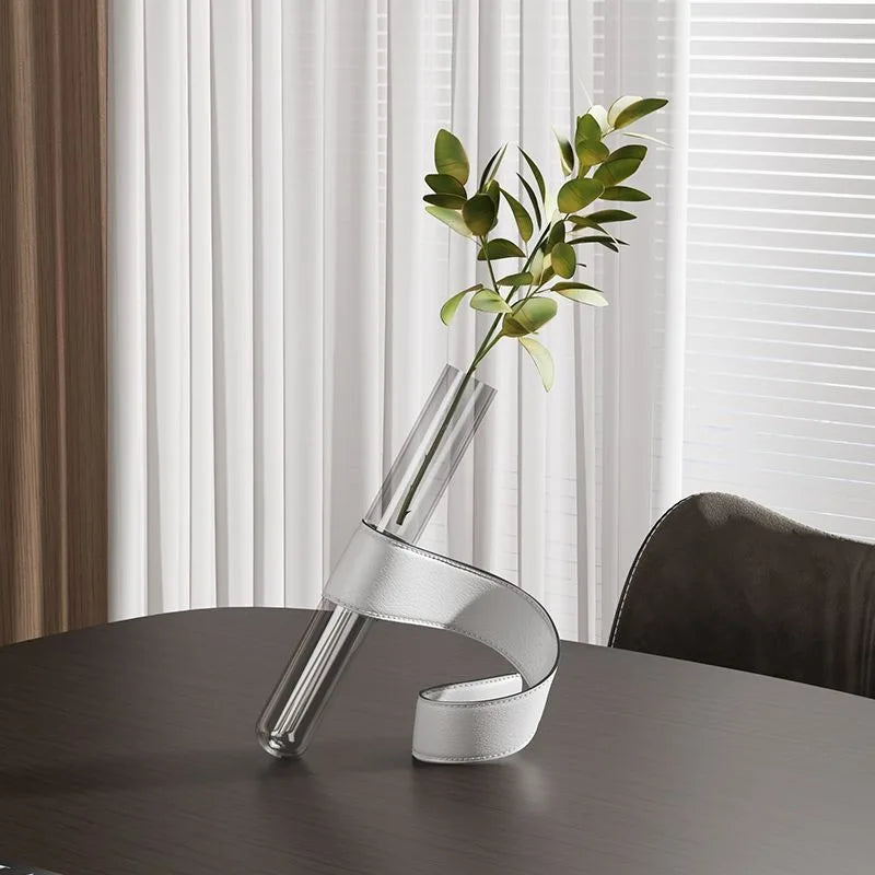 Vases Artistiques Nordiques Verre Tubulaire | Support Cuir Fait Main | Luxe & Décor Salon
