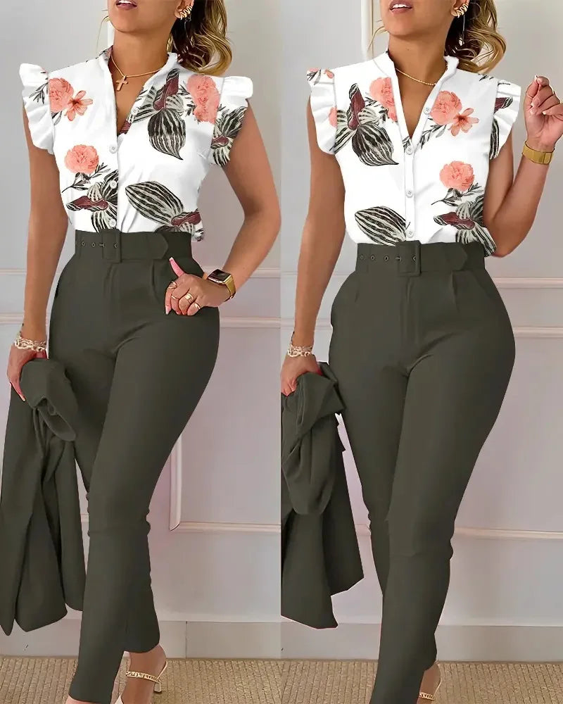 Women's Elegant Slim Two-Piece Sets Summer Fashion Print V Neck Button Flying Sleeve Shirt Top & Solid Long Pants Suits With Belt