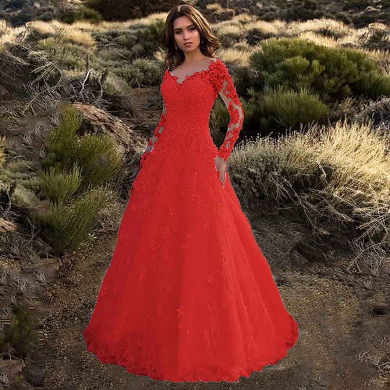 2026 New Women's Dress Lace Deep v Long Sleeve Dress Long Dress Long Dress Gown Vestidos De Festa