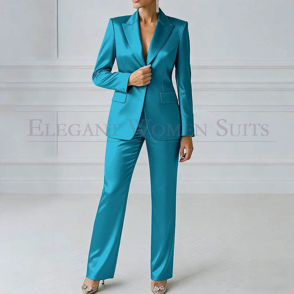 Elegant Blue Evening Women's Suits 2 Piece Jacket Pants Sets High Quality Royal Blue One-Button Slim Fit Office Blazer Clothing
