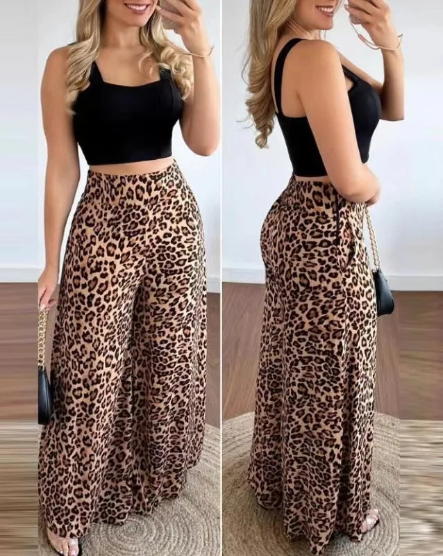 Ensemble 2 Pièces Femme Été 2024 | Top Crop Sans Manches Col Carré & Pantalon Large Léopard Poches