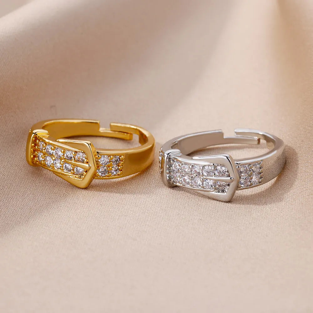 Bague Ceinture Zircon Acier Inoxydable | Doigt Géométrique Ajustable | Esthétique Mariage Femme