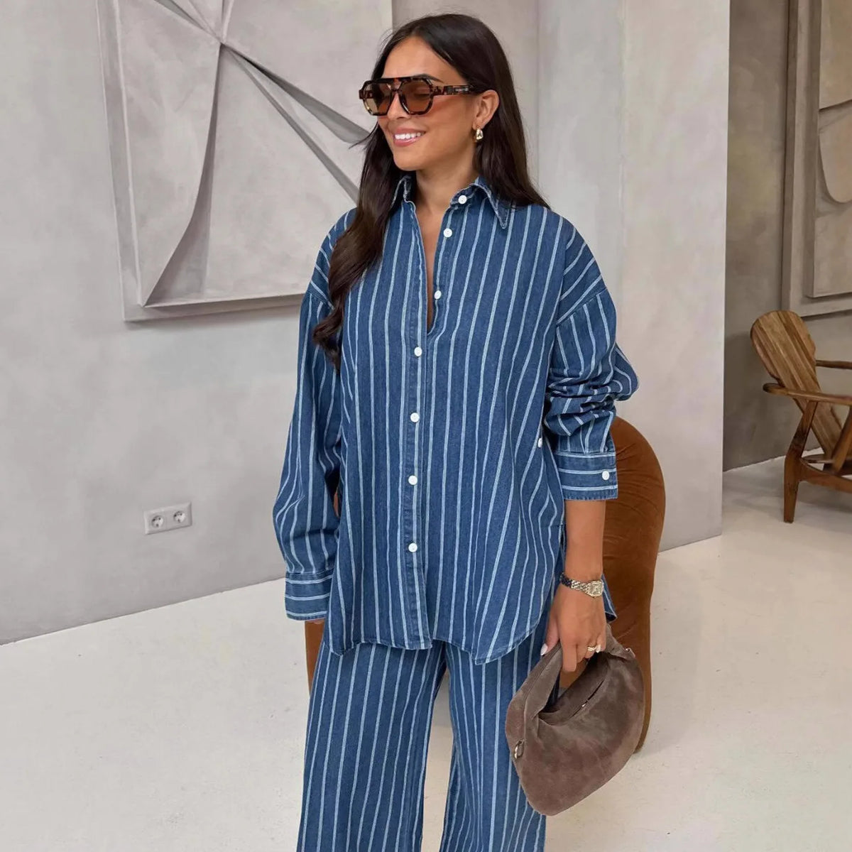 Ensemble 2 Pièces Femme Y2K | Chemise Col Rabattu Rayée & Pantalon Large Taille Haute | Streetwear