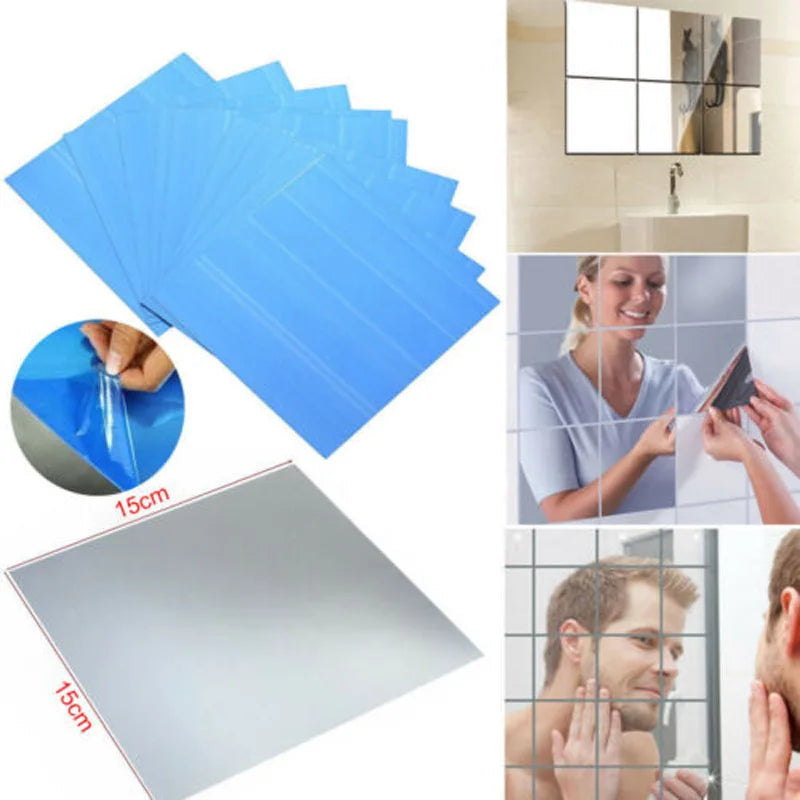 Lot 16 Stickers Miroir Carré Acrylique 15cm | Autocollant Mosaïque DIY | Décor Chambre & Maison
