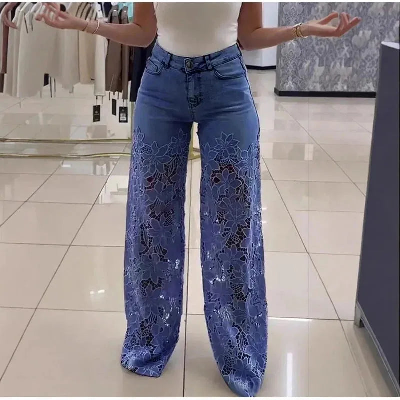 Jean Femme Taille Haute Jambe Large | Dentelle Ajournée Denim | Coton Printemps-Été | Style High Street | XS à XXXL