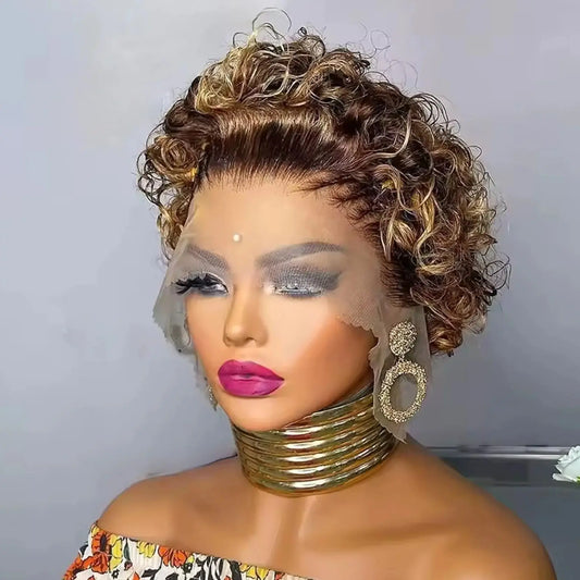 Highlight 4/27 Pixie Cut Wig Ombre Honey Blonde 13x1 Lace Frontal Human Hair Wigs Brazilian Short Bob Wigs Human Hair 100%