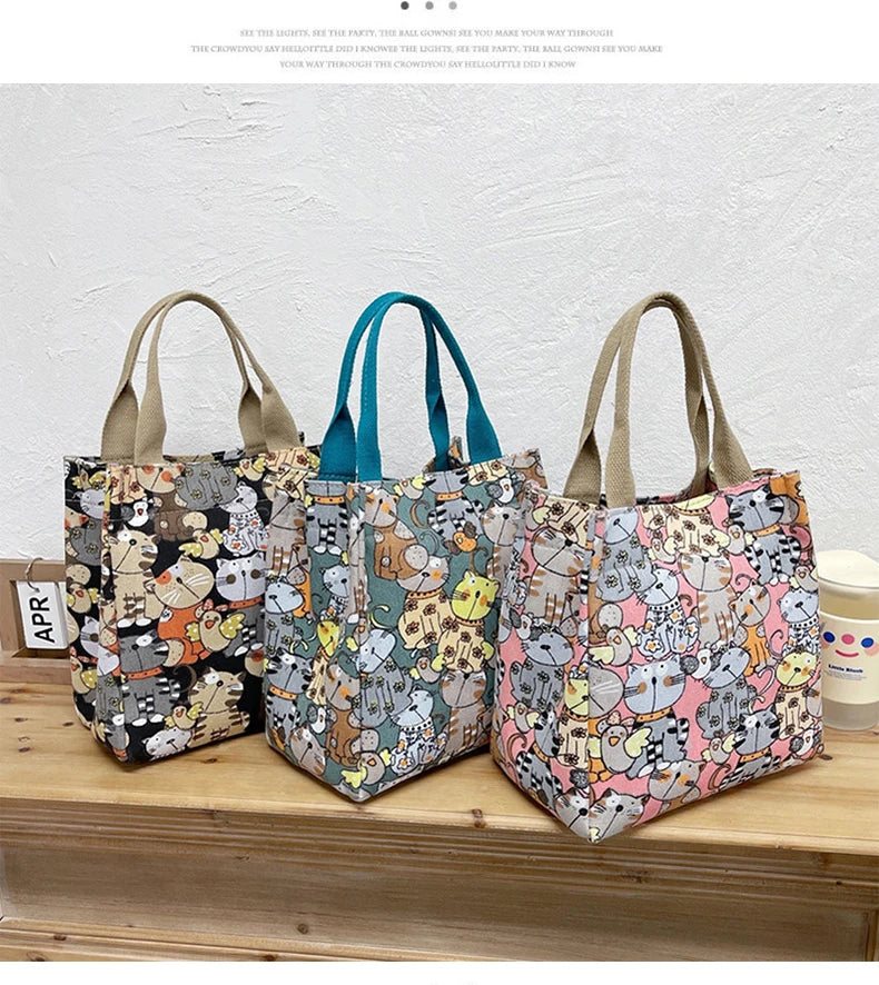 Fashionable Top-Handle Bag with Cute Cat Pattern, Portable Mommy Bag for Women