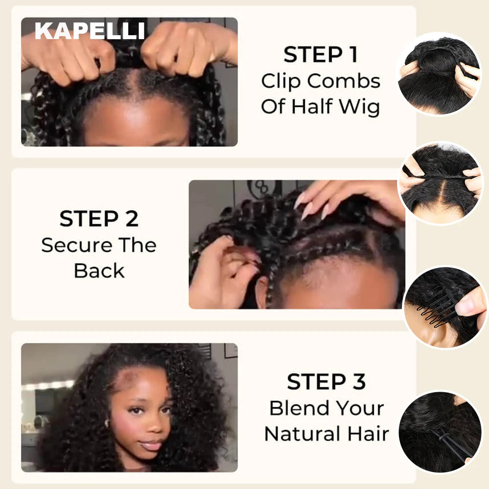 Demi-Perruque Cheveux Humains 180% | Kinky Curly | Invisible Hairline | Cordon Coulissant | 3 en 1
