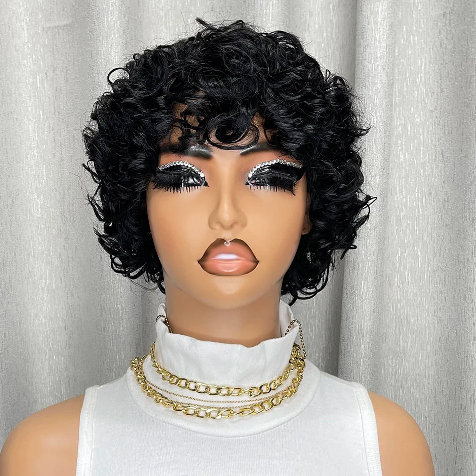 Kinky Curly Human Hair Wig Short Bob with Bangs for Black Women Machine Made Afro Curly Style Pre Plucked Natural Look Daily Wig
