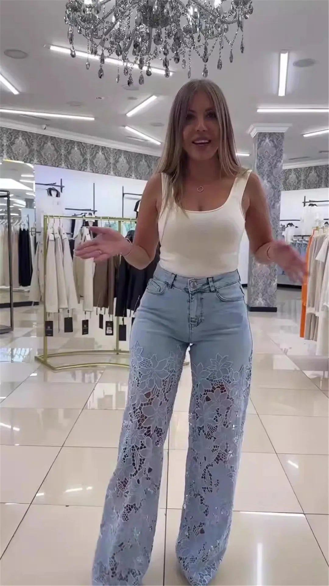 Jean Femme Taille Haute Jambe Large | Dentelle Ajournée Denim | Coton Printemps-Été | Style High Street | XS à XXXL