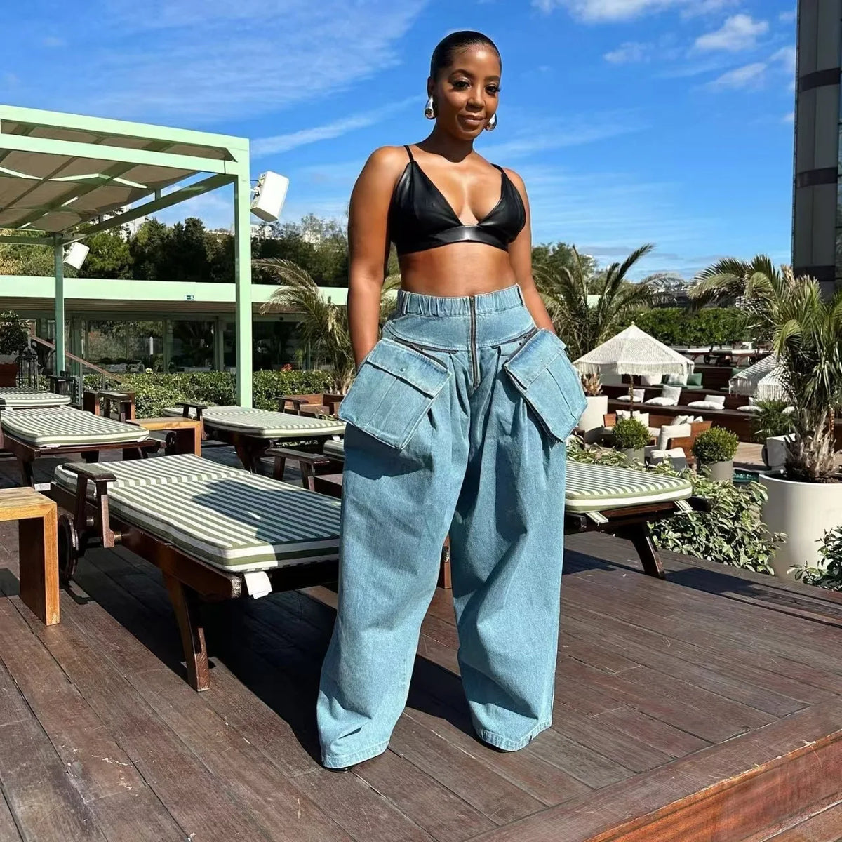 Ensemble Jean 2 Pièces Femme Vintage | Manteau & Pantalon Large Taille Haute | Fermeture Éclair | Streetwear