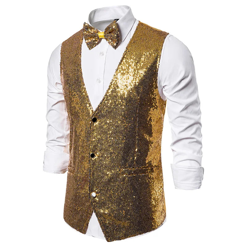 Luxury Vest for Men V-neck Slim Sparkling Tailcoat Solid Plain Waistcoat Bowtie Set Wedding Party Formal Sleeveless Jacket