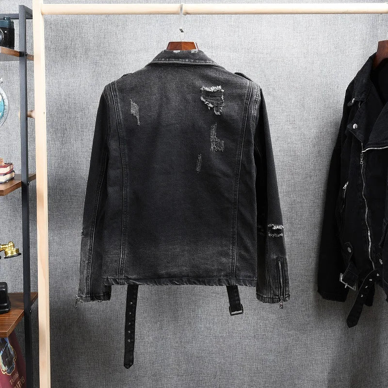 Veste Jean Homme Automne-Hiver | Style Américain Retro High Street Punk | Slim Déchiré Motard