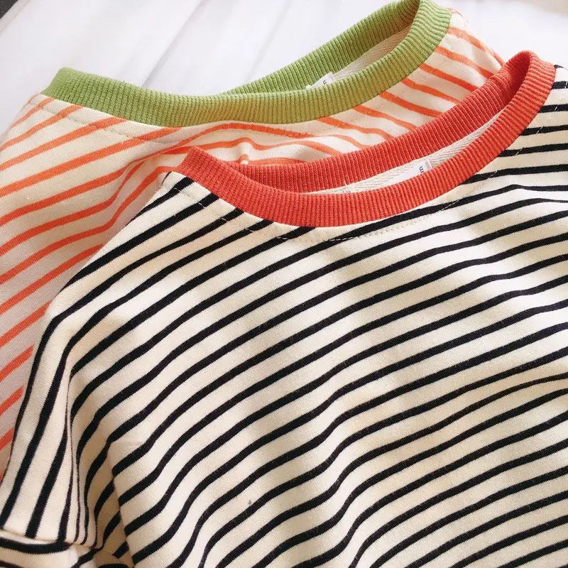 Boys and Girls Long-Sleeved T-shirt, Children's Base Layer, Spring and Autumn Pure Cotton Casual Versatile Striped Baby Top