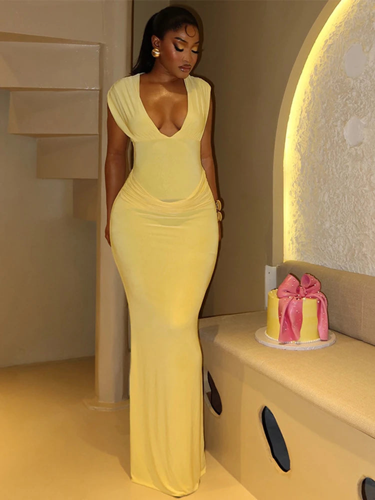 Robe Maxi Bodycon Jaune Froncée | Col V Sans Manches | Slim Longue | Soirée & Club | Femme