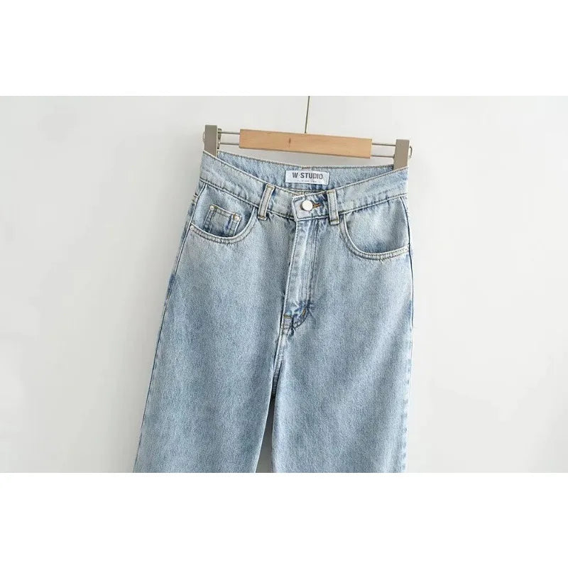 Jean Femme Taille Haute 2025 | Printemps-Automne | Décontracté Droit | Ourlet Brut Longueur Sol | Vintage