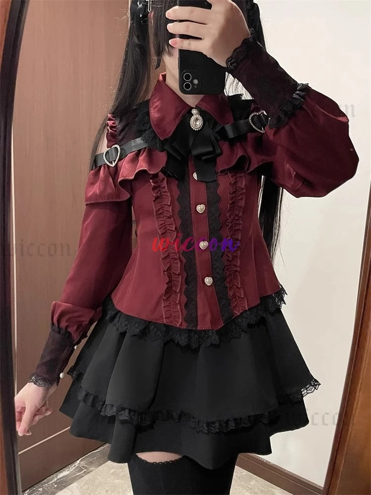 Jirai Kei Outfit Lolita Girls Shirt Skirt Set Women Kawaii Bow Long Sleeve Y2K Casual Aesthetic Shirt Japanese Style Women