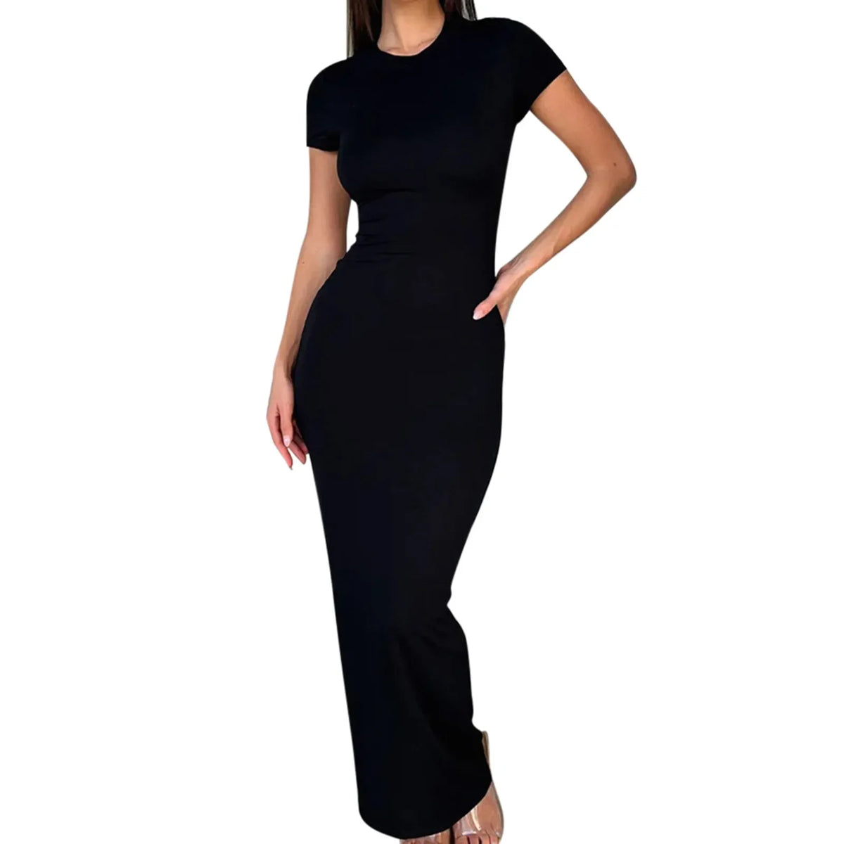Sexy Skinny Women's Bodycon Party Dress Fashion O-neck Short Sleeve Solid Color Wrapped Hip Package Long Dress Female Sexy Dress