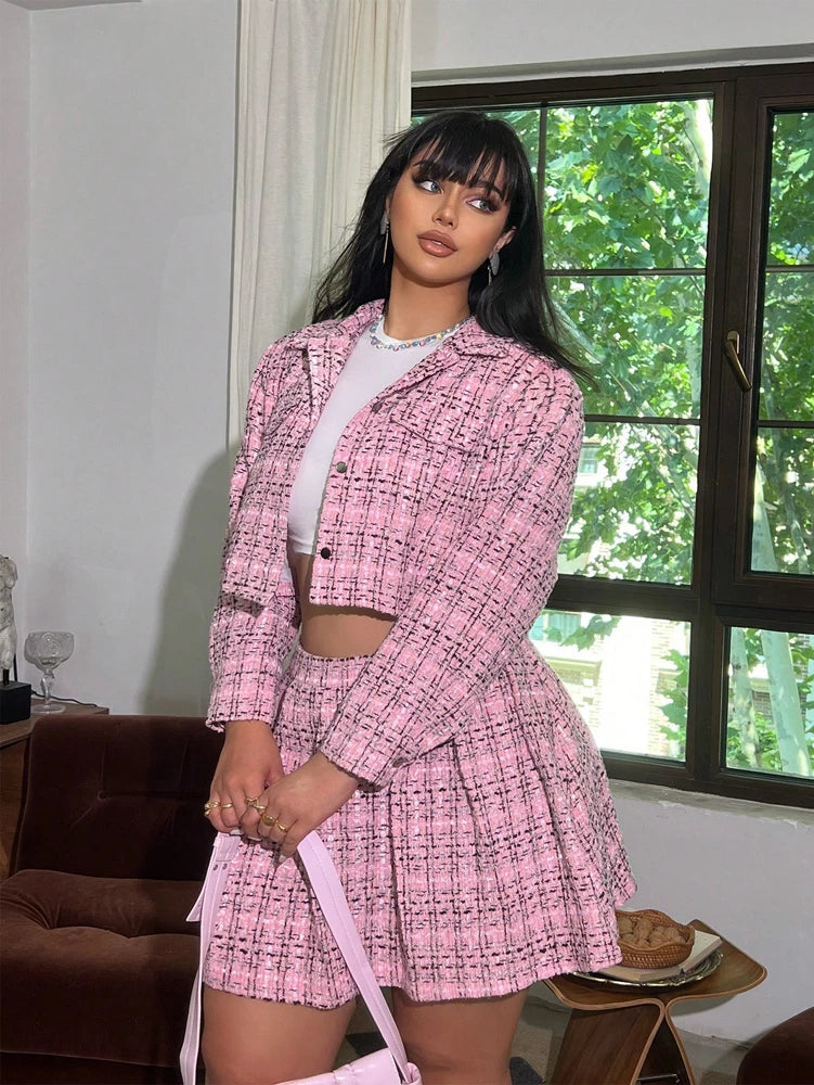 Plus-Size Women's Tweed Two-Piece Set: Cropped Blazer and Mini Skirt—Perfect for Casual Outfits, Dates, and Parties