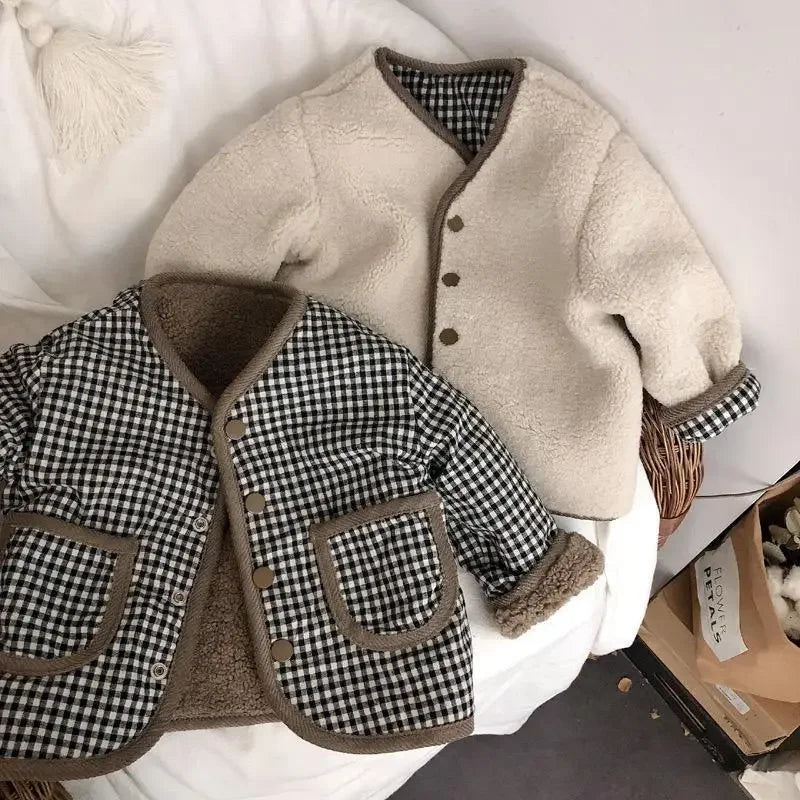 Fashion New Autumn and Winter Warm Jacket Two Sides Wear Plaid Plush Jacket Kids Jackets Winter Clothes DGUKYM 12042