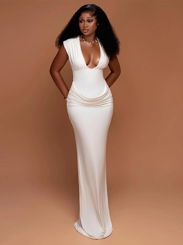 Robe Maxi Bodycon Jaune Froncée | Col V Sans Manches | Slim Longue | Soirée & Club | Femme