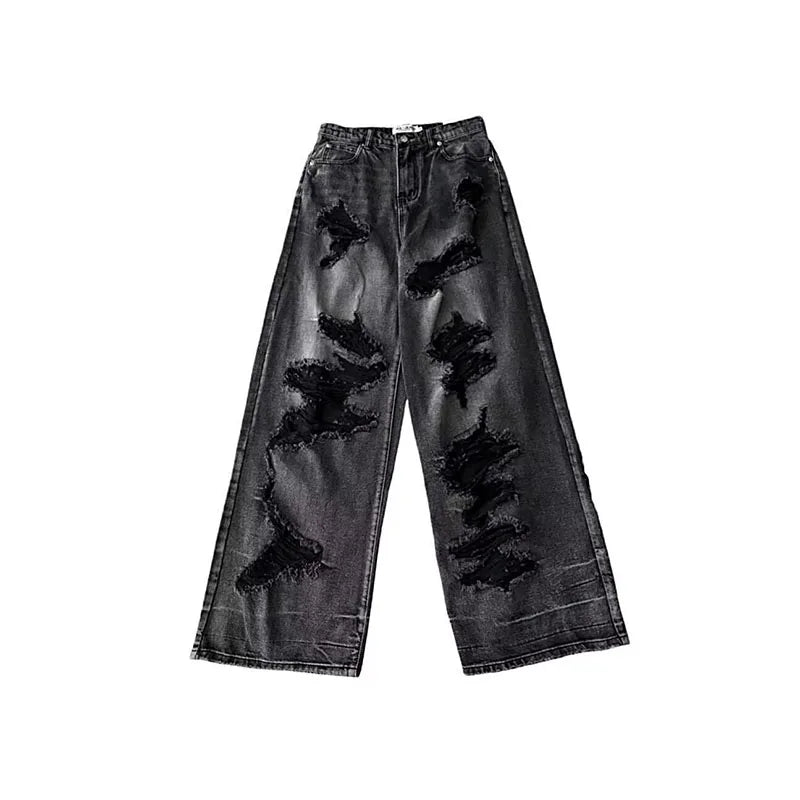 High Street Vintage Black Ripped Jeans Fashion Wide Leg Pants Women's High Waisted Straight Leg Pants Baggy Pants Y2k Jeans