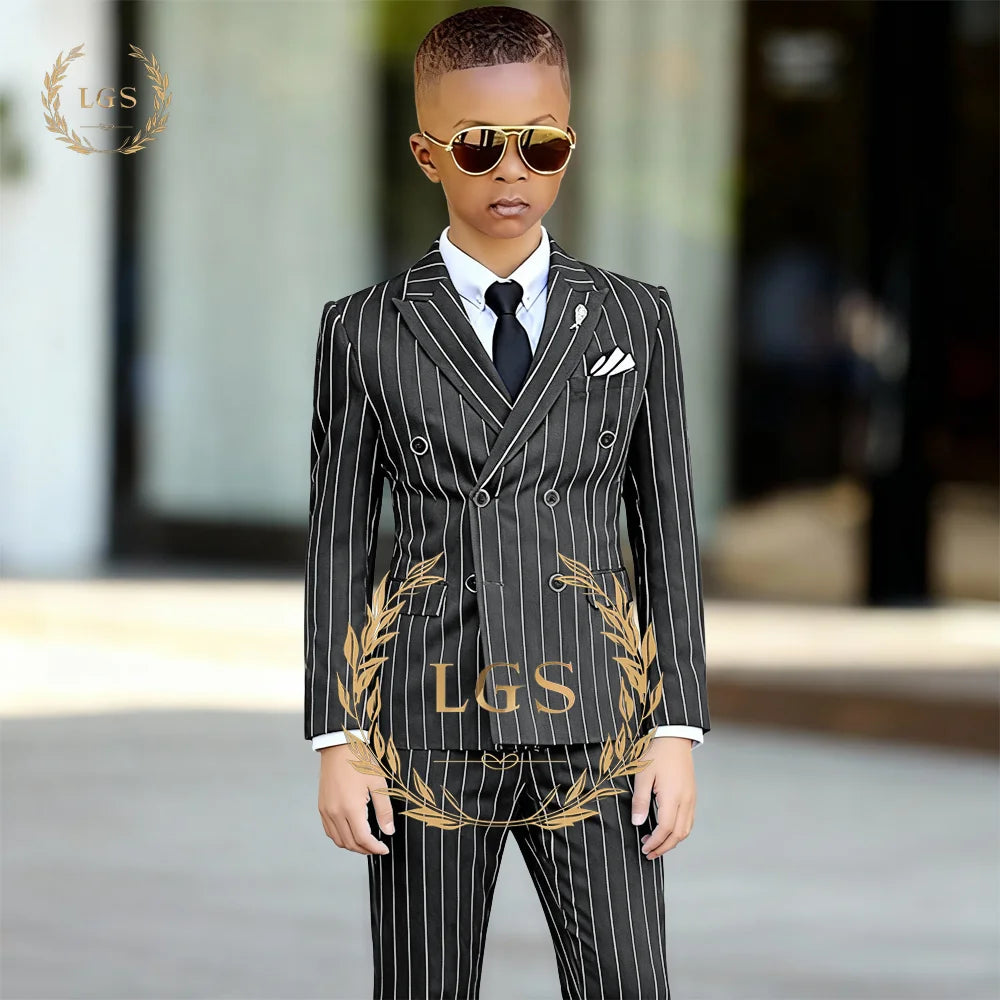 Elegant Boys' 2-Piece Suit: Double-Breasted Striped Blazer with Peak Lapel & Pants for Church, Graduation, Special Occasions