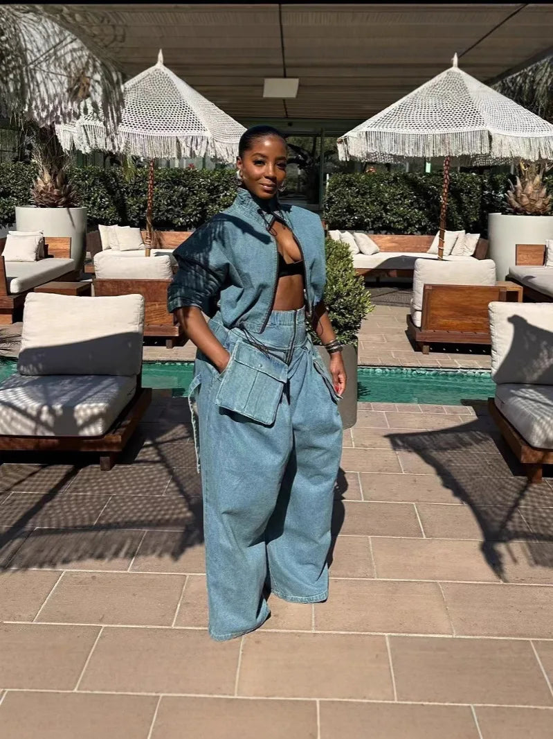 Ensemble Jean 2 Pièces Femme Vintage | Manteau & Pantalon Large Taille Haute | Fermeture Éclair | Streetwear