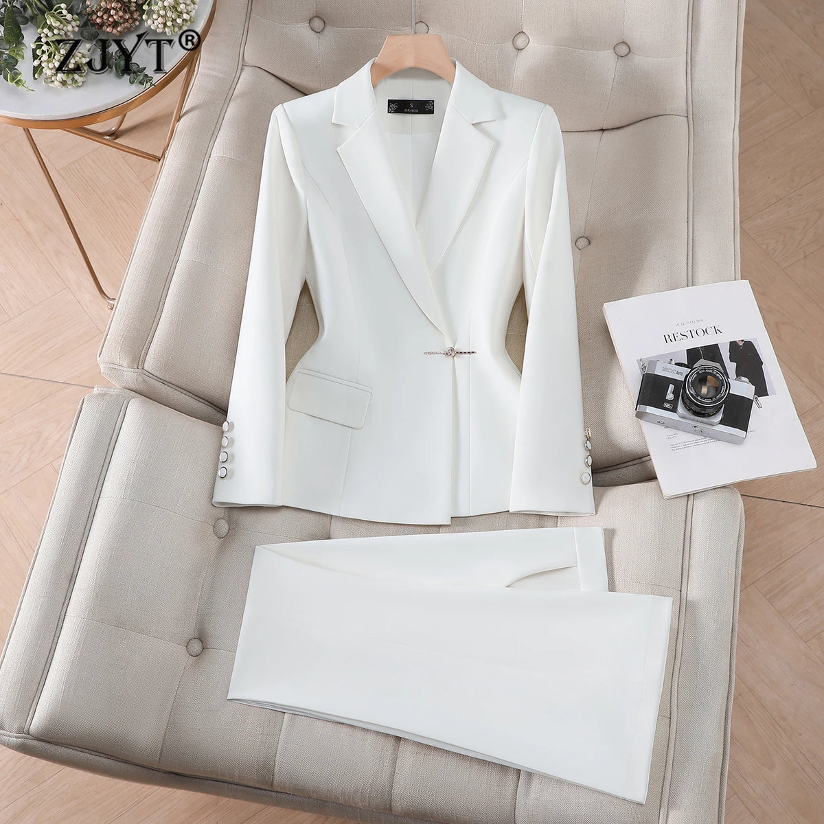 ZJYT Elegant Woman 2 Piece Set Outfit Full Sets Lady Spring Classic Women's Blazer Pants Suit White Formal Office Wear Plus Size