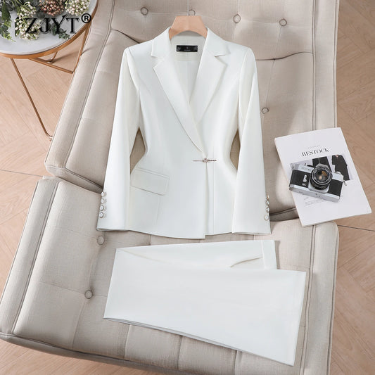 ZJYT Elegant Woman 2 Piece Set Outfit Full Sets Lady Spring Classic Women's Blazer Pants Suit White Formal Office Wear Plus Size
