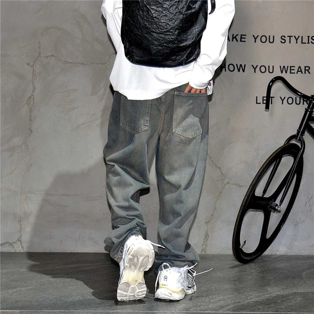 American Streetwear Baggy Jeans For Men's Clothing Vintage Distressed Gray Denim Pants Harajuku Casual Skateboard Pants Male
