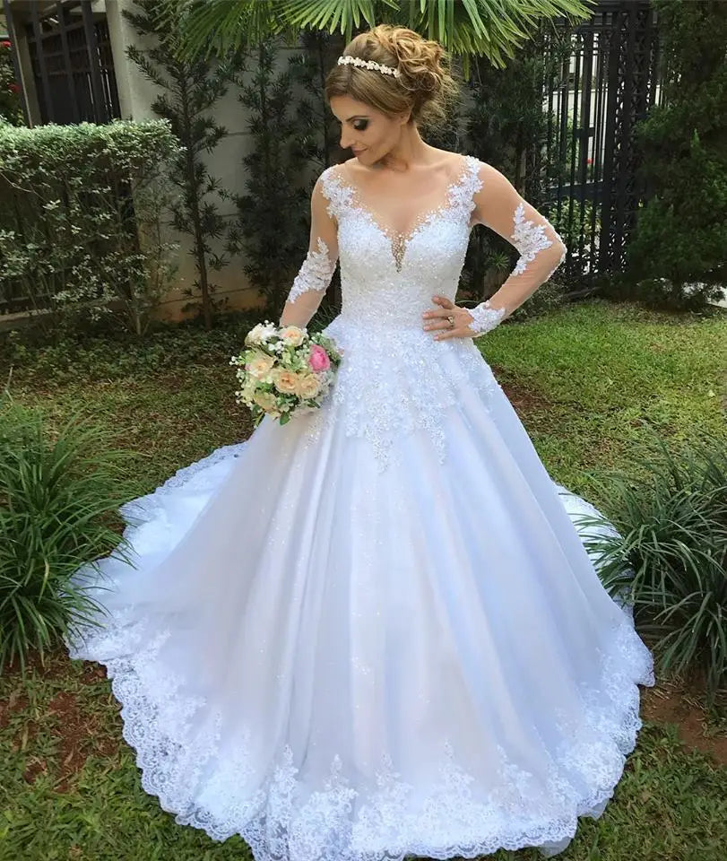 Robe de Mariée Bohème Sexy | Manches Longues Dentelle | Silhouette A-Line | Traîne Courte | Sur Mesure | Blanc & Ivoire