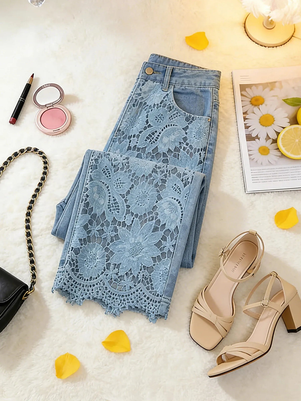 High Waist Wide Leg Pants Lace Splicing Hollow out Loose Fit Straight Cut Jeans Women's Spring Fashion Casual Trousers