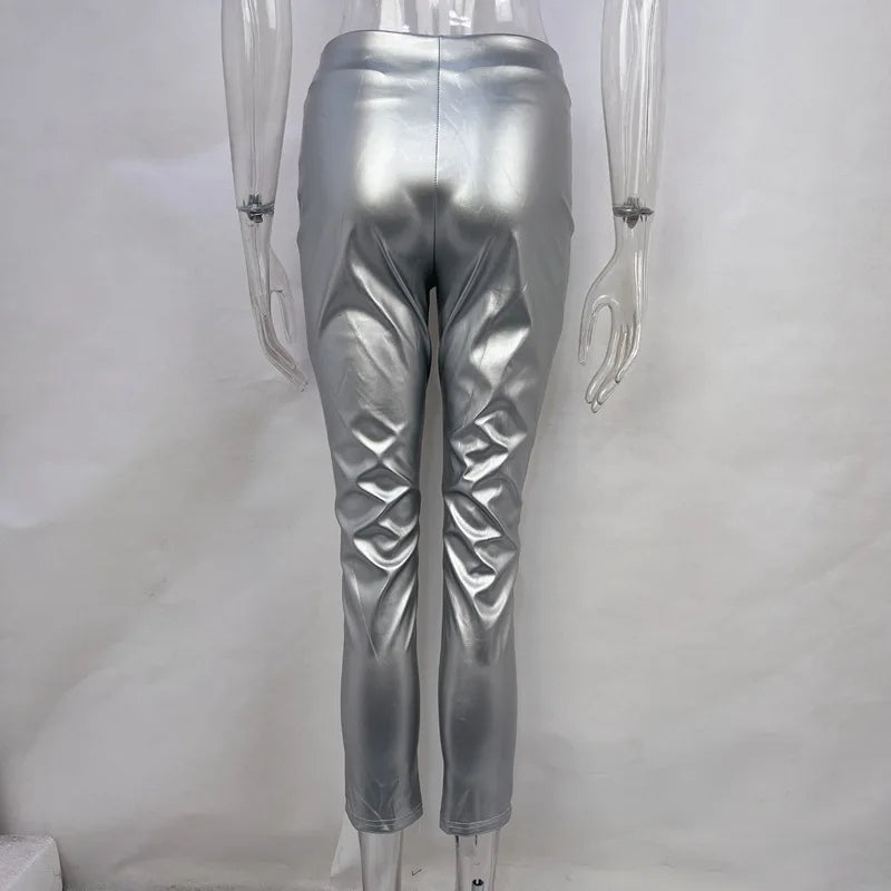Women High Cut Fashion PU Leather Pencil Pants 2024 American And European Sexy Zipper Fly Legging Lady Slim Faux Leather Outfits