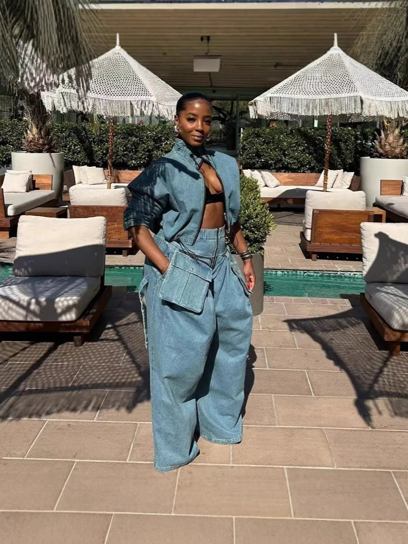 Ensemble Jean 2 Pièces Femme Vintage | Manteau & Pantalon Large Taille Haute | Fermeture Éclair | Streetwear
