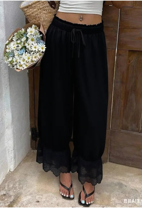 Women's Wide Leg Pants White Polyester Lace Trim Hem Casual Loose Fit Summer Trousers Wide Leg Pants