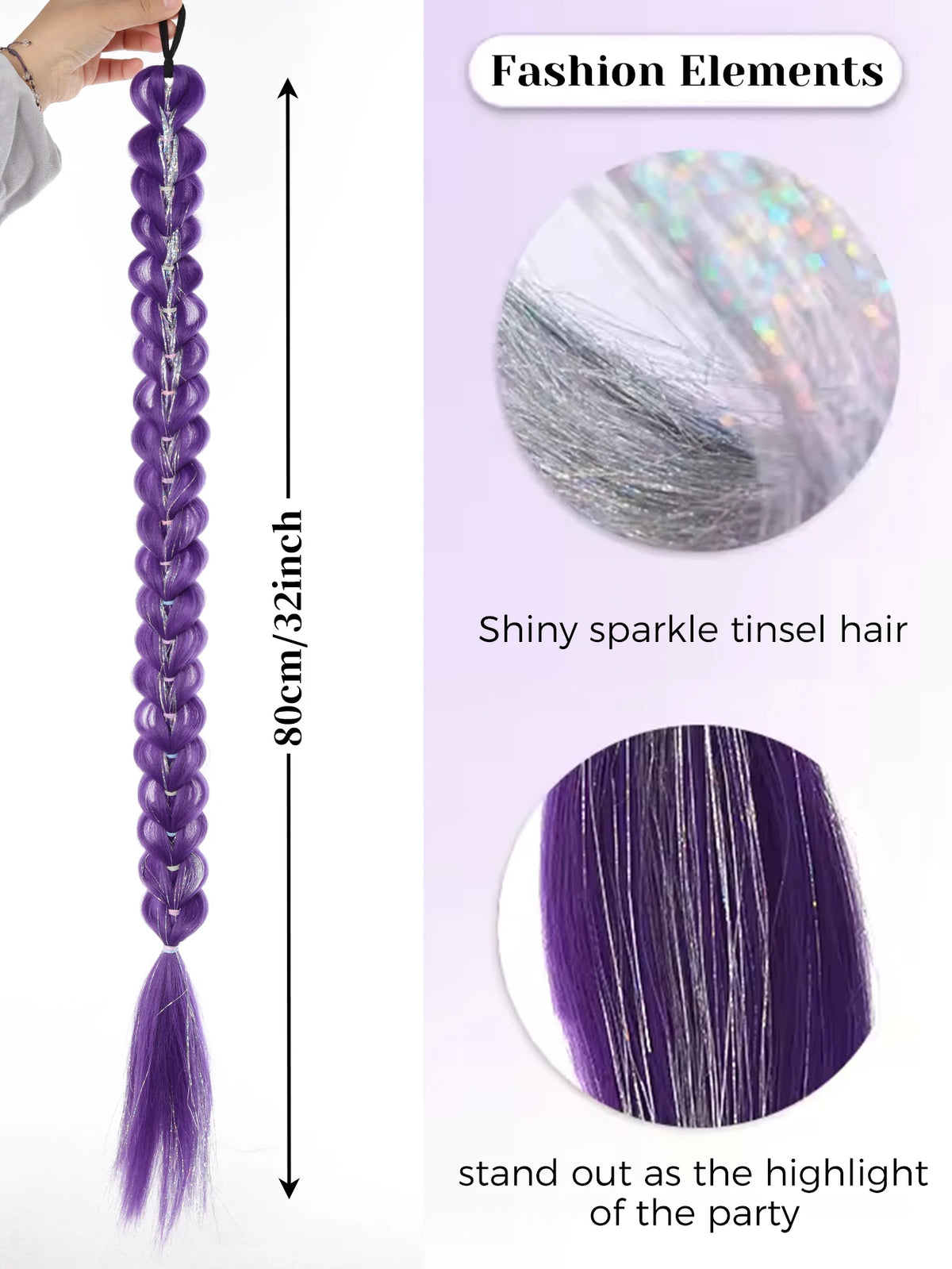 Queue de Cheval Tressée Violette | 32 Pouces | Tinsel Brillant | Extensions Super | Cosplay & Noël | Enfants & Filles